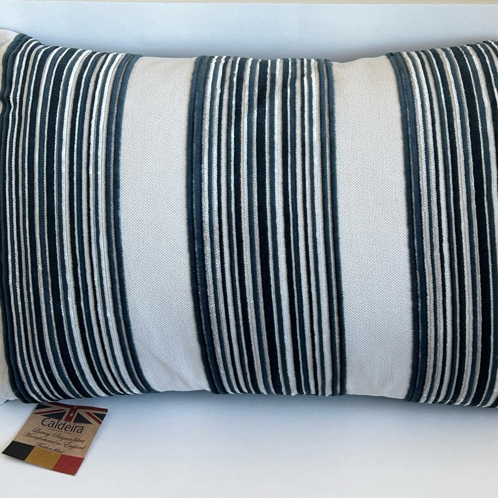 Caldeira Navy Blue White Velvet Striped Feathered Lumbar Home Decorative Pillow - Picture 7 of 10
